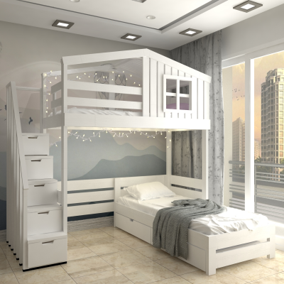 Кровать двухъярусная с двуспальной кроватью   Palafitos-22-G1F2-LKSP5x15 для взрослых и детей из массива сосны 